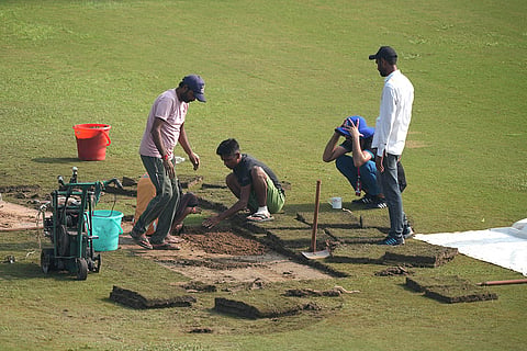 Afghanistan Vs New Zealand Test: Ground staffers prepare the ground before the start of the match